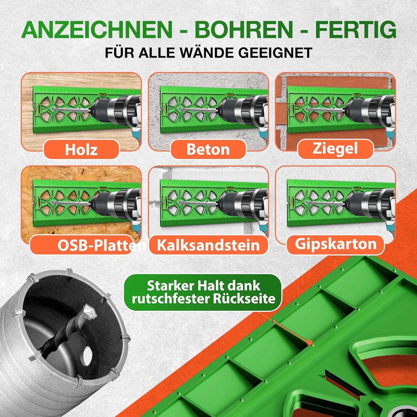 HTK TOOLS Bohrschablone Steckdose - Schnell & Exakt anzeichnen oder direkt bohren - 71 mm Abstand – Für Unterputzdose & Hohlwanddose – Elektriker Wasserwaage - Steckdosen Schablone, Profi & Heimwerker